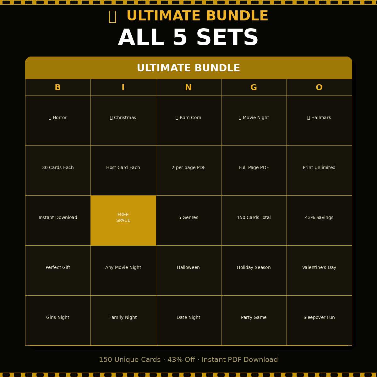 Movie Bingo Ultimate Bundle — 5 Sets, All Genres (150 Unique Cards)