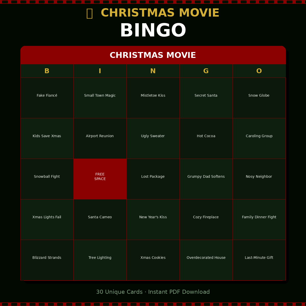 Christmas Movie Bingo — Printable Bingo Cards (30 Unique Cards)