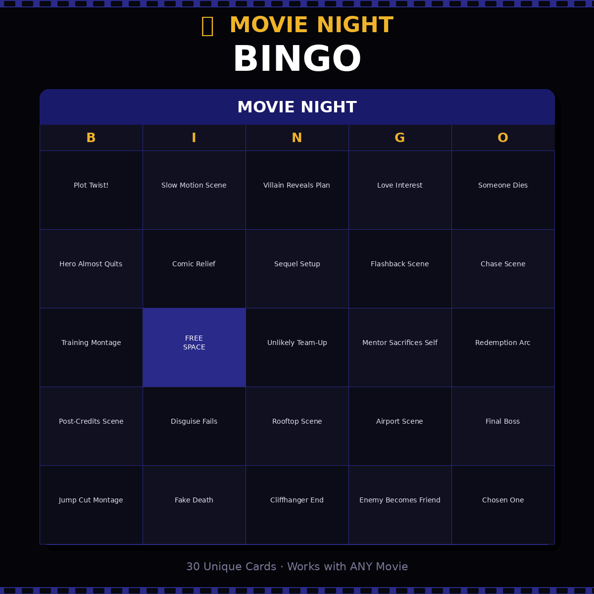 Movie Night Bingo — Printable Bingo Cards (30 Unique Cards)