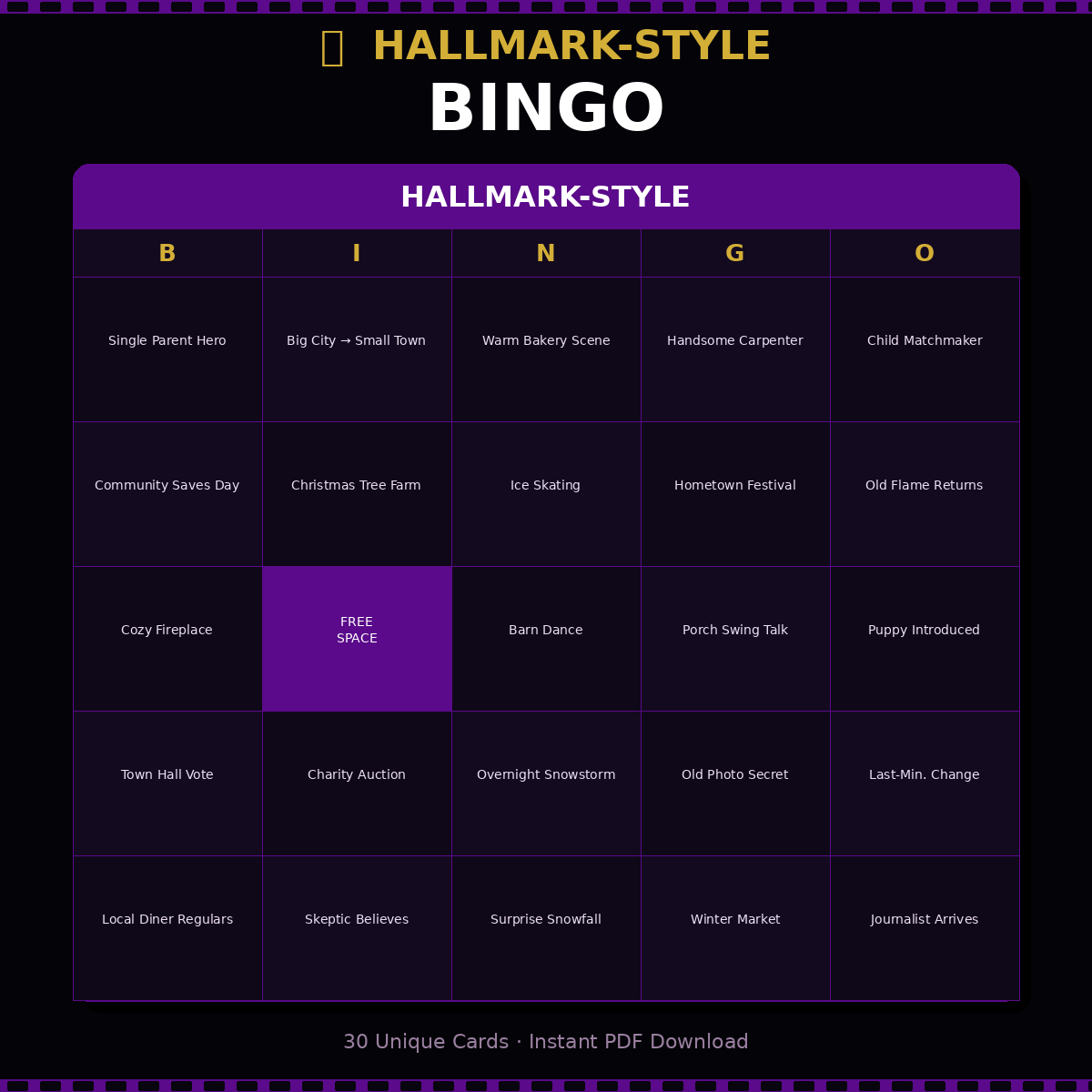 Hallmark-Style Movie Bingo — Printable Bingo Cards (30 Unique Cards)