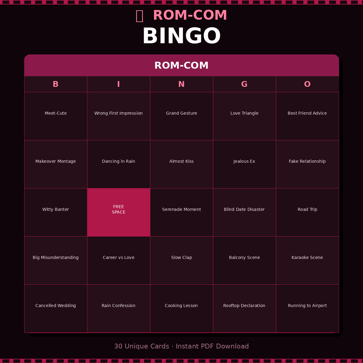 Rom-Com Bingo — Printable Bingo Cards (30 Unique Cards)